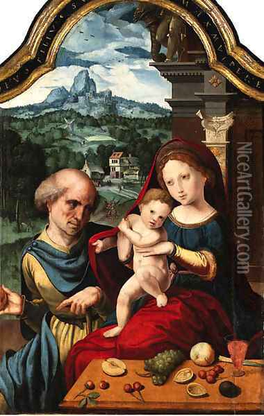The Holy Family with a village and mountains beyond Oil Painting - Pieter Coecke Van Aelst