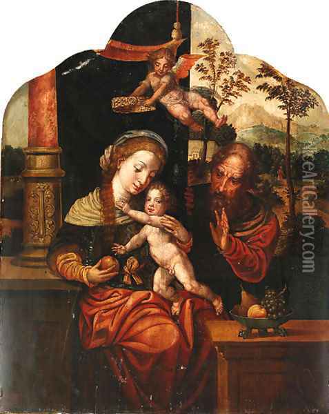 The Holy Family with an angel crowning the Virgin, a landscape beyond Oil Painting - Pieter Coecke Van Aelst