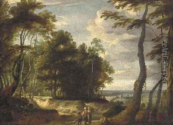 A wooded landscape landscape with peasants on a path Oil Painting - Jacques d' Arthois