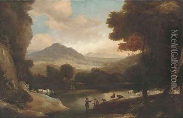 A wooded river landscape with cattle and figures resting on a bank Oil Painting - Jacques d' Arthois