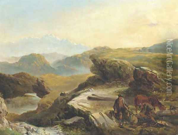 Highland landscape with figures logging in the foreground Oil Painting - Richard Ansdell