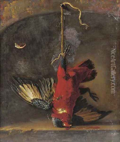 A dead songbird hanging by a niche Oil Painting - Willem Van Aelst