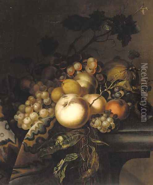 Grapes and vine leaves, peaches, apricots, horse chestnuts and blackberries on a draped ledge Oil Painting - Willem Van Aelst