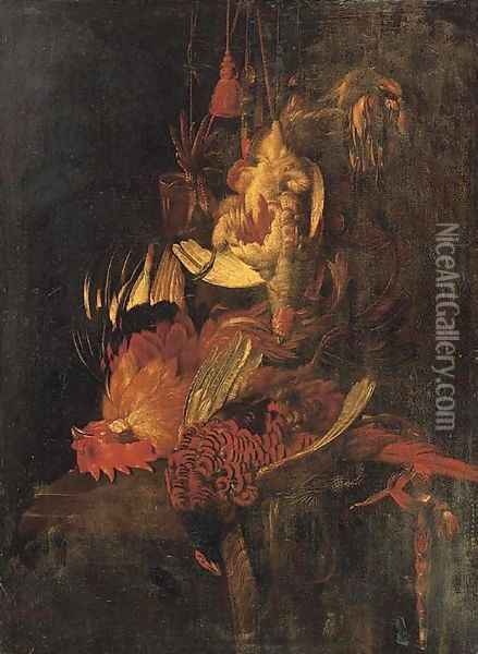 A dead cockerel and game birds suspended Oil Painting - Willem Van Aelst