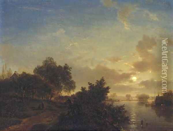 A moonlit river landscape 2 Oil Painting - Jacobus Theodorus Abels