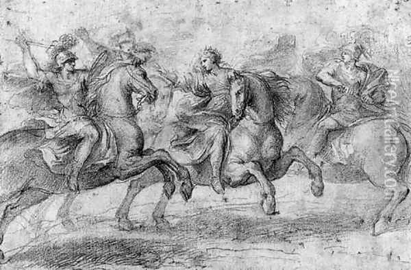 A Queen on Horseback interceding between two Warriors Oil Painting - Francesco Allegrini
