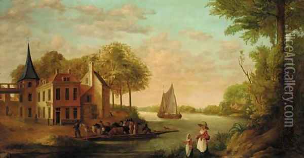 Peasants and horses disembarking from a ferry near the Star Inn Oil Painting - Juriaan Andriessen