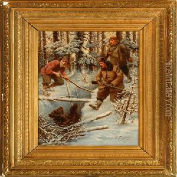 Russian Bear Hunt Scene Oil Painting - Efim Tikhmenev