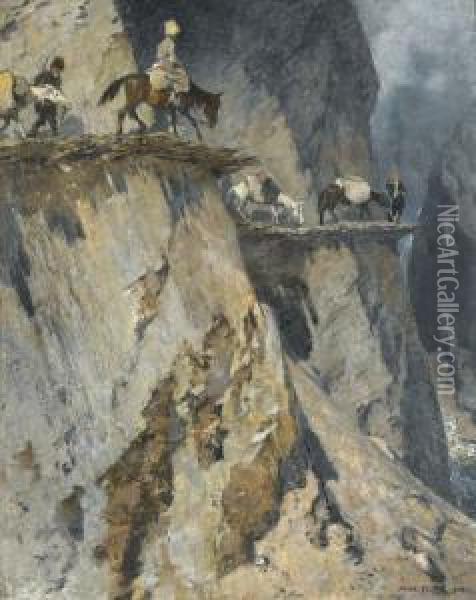 Schwindliger Reitweg In Dagestan Oil Painting - Max Tilke