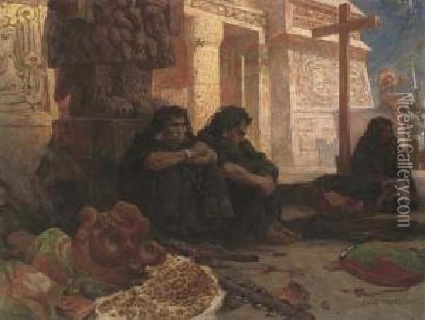 Aztecs By A Temple, With Conquistadors Beyond Oil Painting - Max Tilke