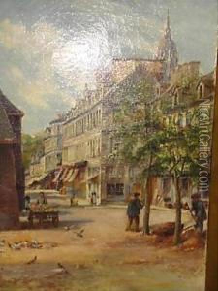 A Continental Street Scene Oil On Canvas Signed Lowerright 59cm X 46cm Oil Painting - Frank William Warwick Topham