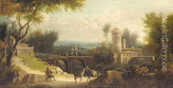 An Italianate landscape with figures and cattle Oil Painting - Paolo Anesi