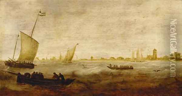 Sailors in a rowing boat with smalschips off a coastline Oil Painting - Hendrik van Anthonissen