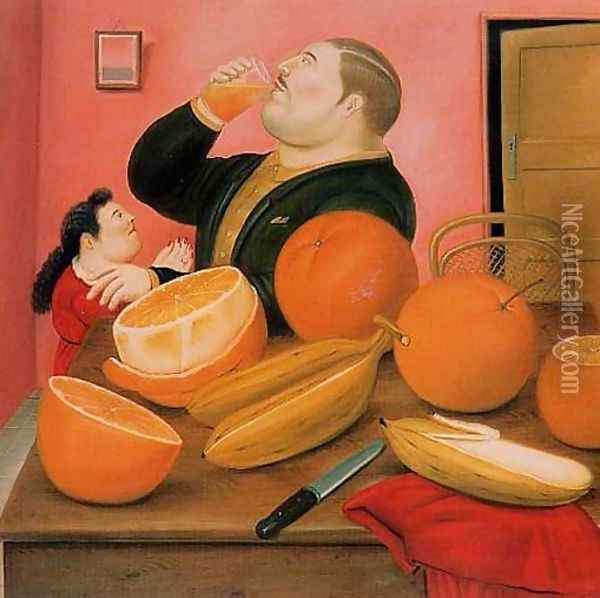 Man Drinking Orange Juice Oil Painting - Fernando Botero