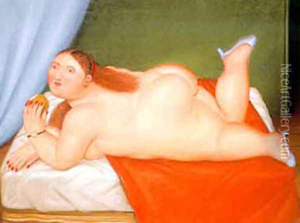 Woman Eating an Apple Oil Painting - Fernando Botero