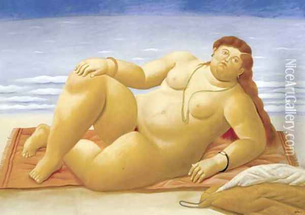 At The Beach Playa Oil Painting - Fernando Botero