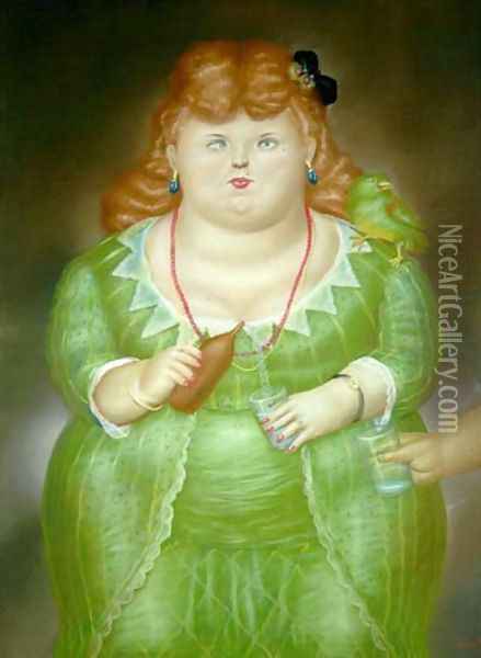 Woman With Bird Oil Painting - Fernando Botero