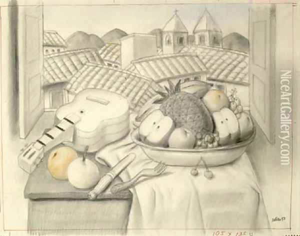 Still Life With Guitar Oil Painting - Fernando Botero