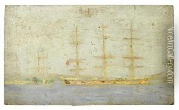 Windjammer In Falmouth Roads; Boats On A Calm Sea Oil Painting - Henry Scott Tuke