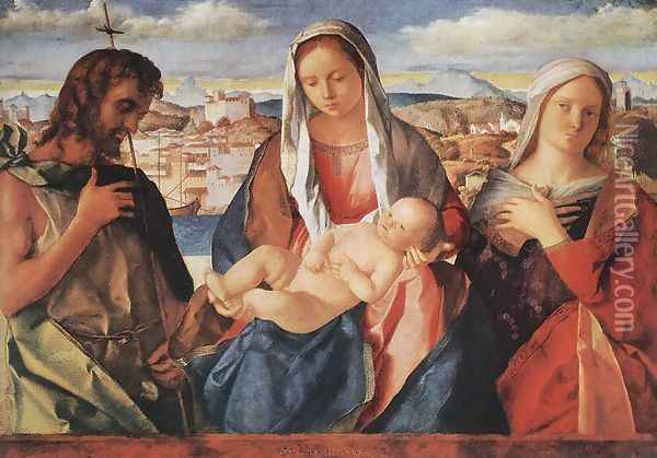Madonna and Child with St. John the Baptist and a Saint Oil Painting - Giovanni Bellini
