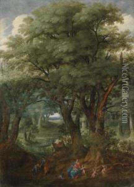 Wooded Landscape With The Rest On The Flightinto Egypt Oil Painting - Denys Van Alsloot