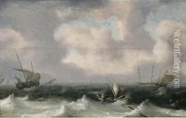 Fishing Boats In Stormy Seas, A Distant View Of A Town Oil Painting - Hendrik van Anthonissen