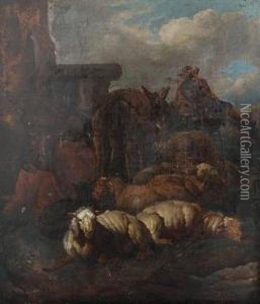 Shepherd With Sheep, Cow And Donkey Resting By A Ruin Oil Painting - Pieter van Bloemen