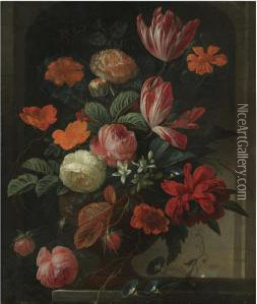 Still Life With Flowers In An Urn On A Stone Ledge Oil Painting - Carl Wilhelm de Hamilton