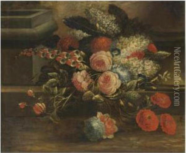 A Still Life With Various Flowers On A Step Oil Painting - Carl Wilhelm de Hamilton