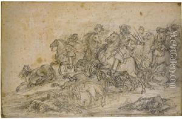 Cavalry Charging Into Battle Oil Painting - Adam Frans van der Meulen