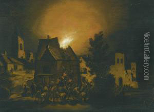 Peasants Putting Out A Village Fire At Night Oil Painting - Adriaen Lievensz van der Poel