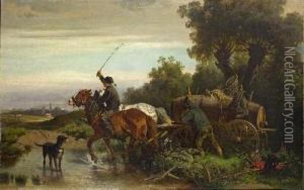 Pferdegespann Beim Uberqueren Einer Furt Oil Painting - Adolf van der Venne