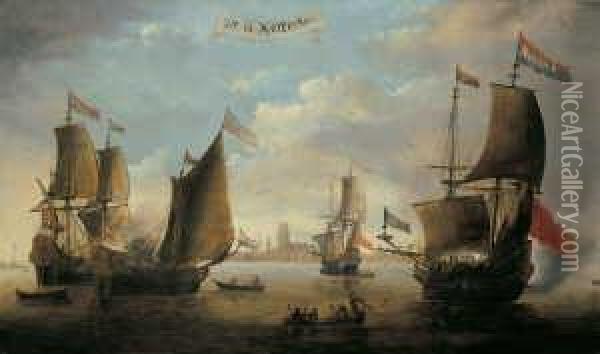 Dit Is Rotterdam. Kriegsschiffe Im Hafen Von Rotterdam. Oil Painting - Jan Van Leyden
