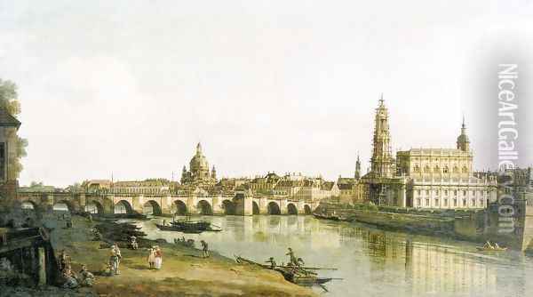 Elbufer Dresden from right below the Augustus Bridge Oil Painting - Bernardo Bellotto