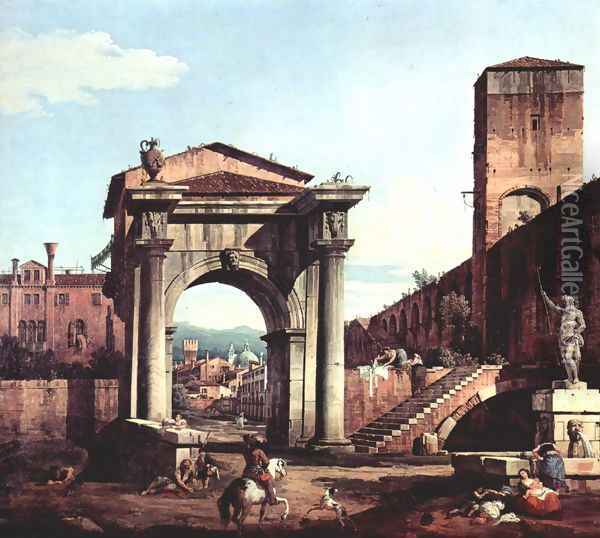 Capriccio Romano, and gate tower Oil Painting - Bernardo Bellotto