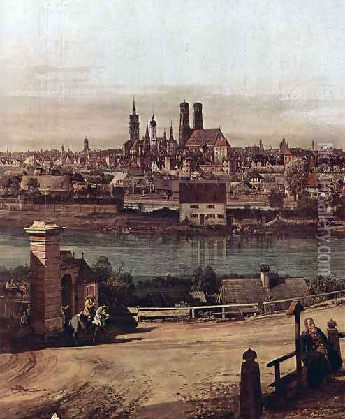 View from Munich, The Bridge gate and the Isar, Munich Heidhausen view, Detail 2 Oil Painting - Bernardo Bellotto
