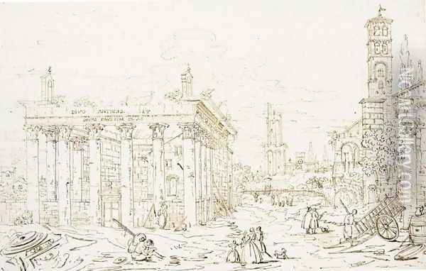 Roman Forum, with the Temple of Antoninus and Faustina Oil Painting - Bernardo Bellotto