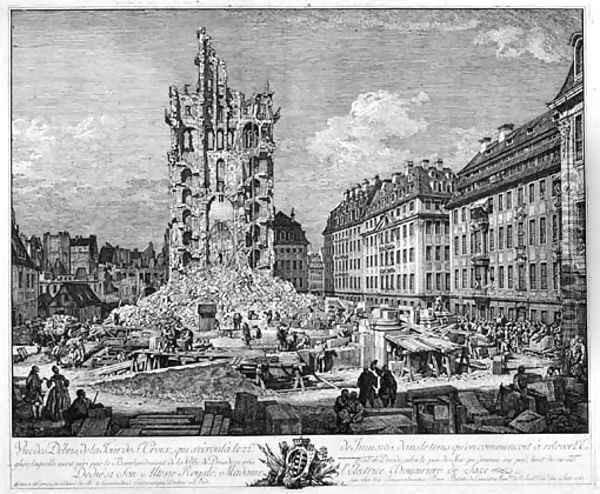 Vue des Debris de la Croix, qui s'ecroula le 22me de Juin 1765, dans le Tems qu'on commencoit a relever l'Eglise, laquelle avait peri par le Bombardem Oil Painting - Bernardo Bellotto