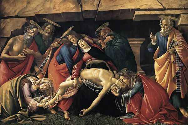 Lamentation over the Dead Christ with Saints c. 1490 Oil Painting - Sandro Botticelli
