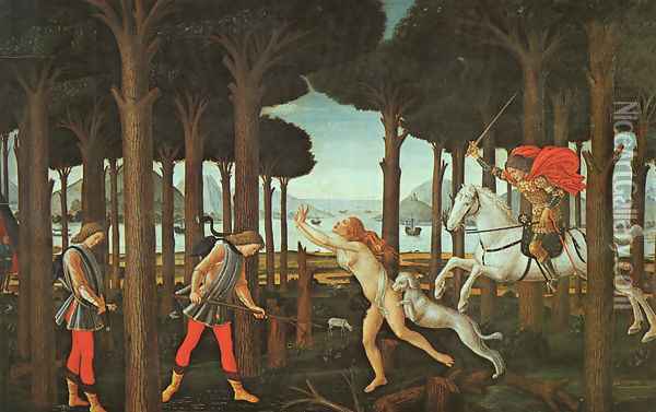 The Story of Nastagio degli Onesti (first episode) c. 1483 Oil Painting - Sandro Botticelli