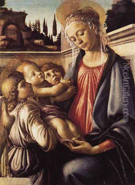 Madonna and Child and Two Angels c. 1470 Oil Painting - Sandro Botticelli