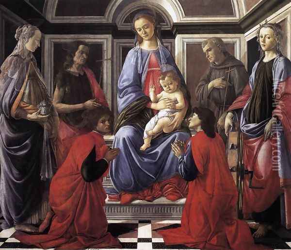 Madonna and Child with Six Saints (Sant'Ambrogio Altarpiece) c. 1470 Oil Painting - Sandro Botticelli