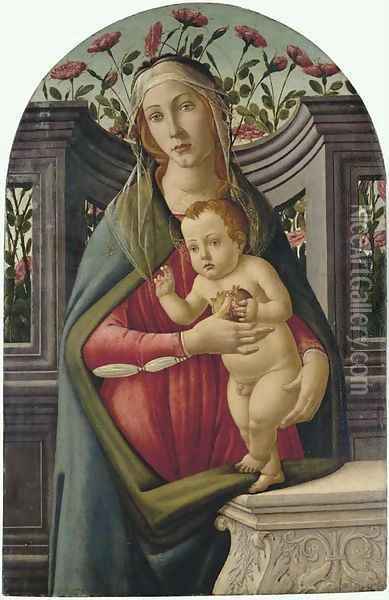 The Madonna and Child, with a pomegranate, in an alcove with roses behind Oil Painting - Sandro Botticelli