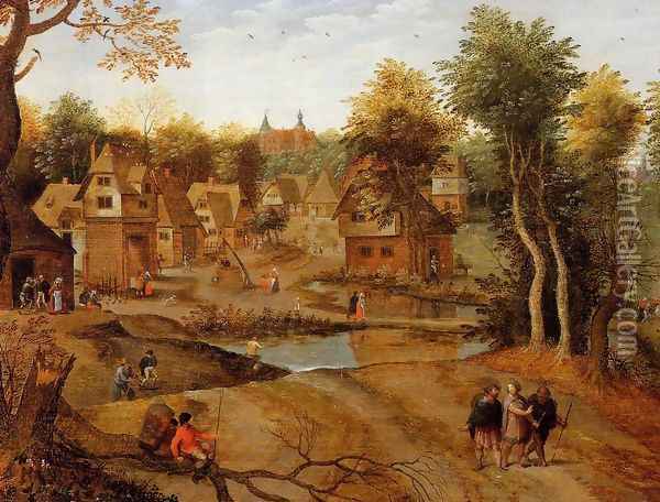 Village Landscape with Ammaus Pilgrims Oil Painting - Pieter the Elder Bruegel