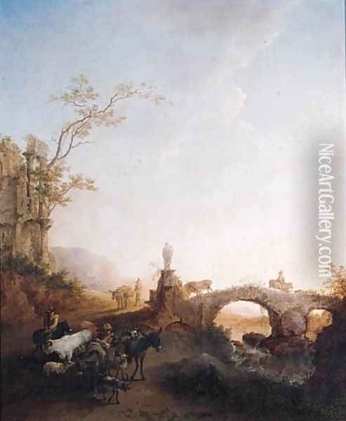 Drivers returning from market on a track by a bridge, in an Italianate landscape Oil Painting - Nicolaes Berchem