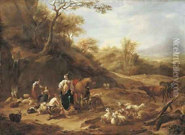 An extensive wooded landscape with the meeting of Granida and Daifilo Oil Painting - Nicolaes Berchem