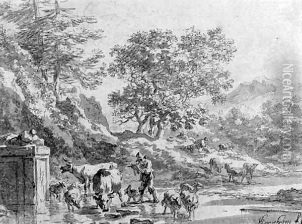 An italianate landscape with herdsman at the fountain Oil Painting - Nicolaes Berchem