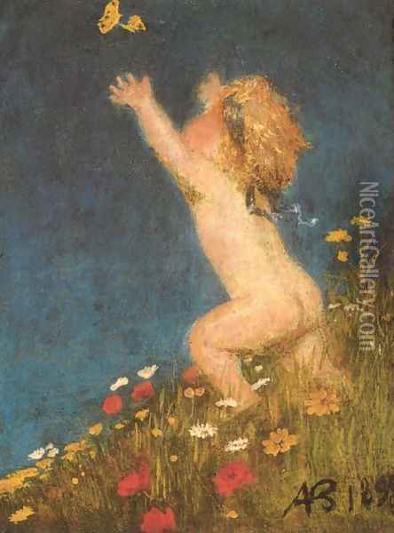 Putto and Butterfly 1895 Oil Painting - Arnold Bocklin