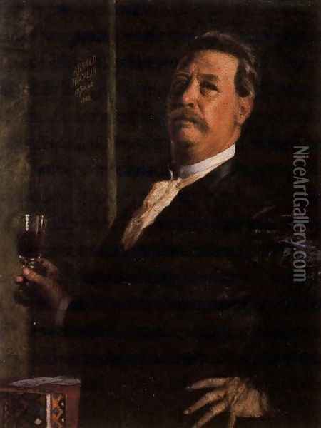 Self portrait with a glass of wine Oil Painting - Arnold Bocklin