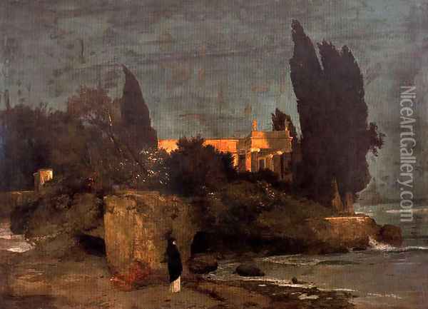 Villa on the seafront (first version) Oil Painting - Arnold Bocklin